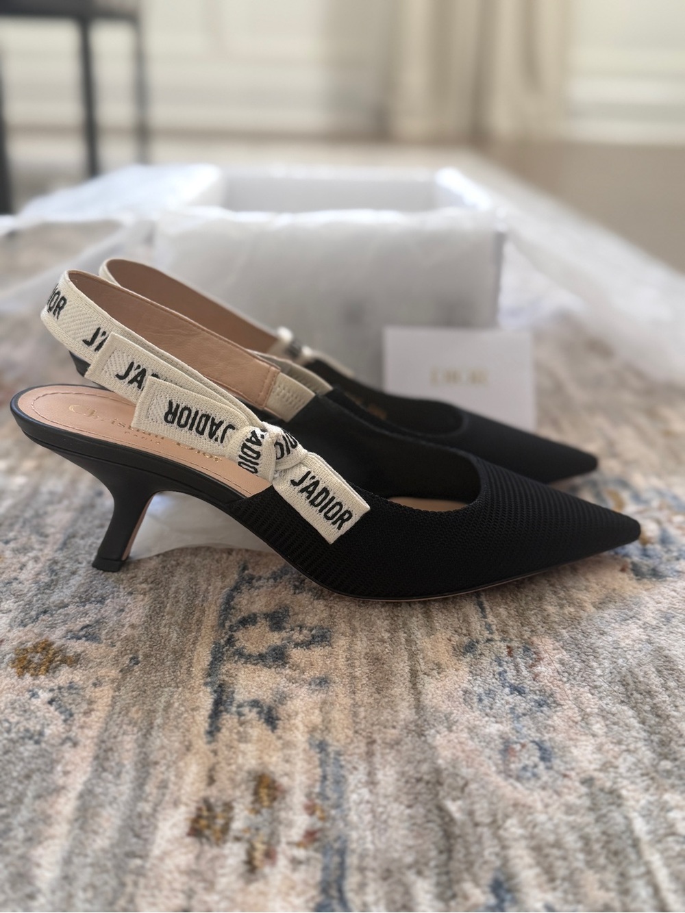 Dior J’Adiore Black Pointed Slingback Pump 
 with Logo Strap